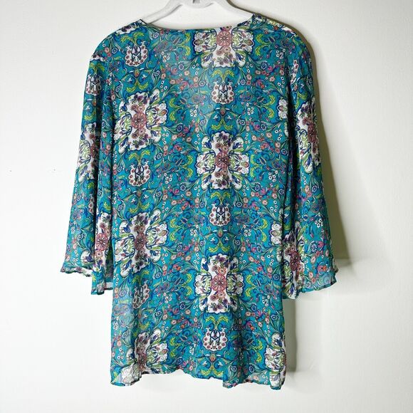 BISOU BISOU Top Women M Teal Blue Floral Sheer Flowy Babydoll V-neck Blouse NWOT - Picture 4 of 7